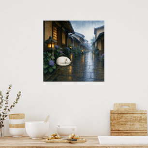 series_2_8|Square Kyoto Sleeping White Cat Art Poster