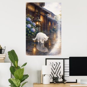 series_2_9|Kyoto Puddle Reflection White Cat Art Poster