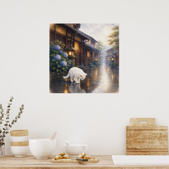 series_2_9｜Square Puddle Reflection White Cat Art Poster (Kitchen)