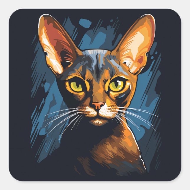 Serious Abyssinian Cat on a Black Background Square Sticker (Front)