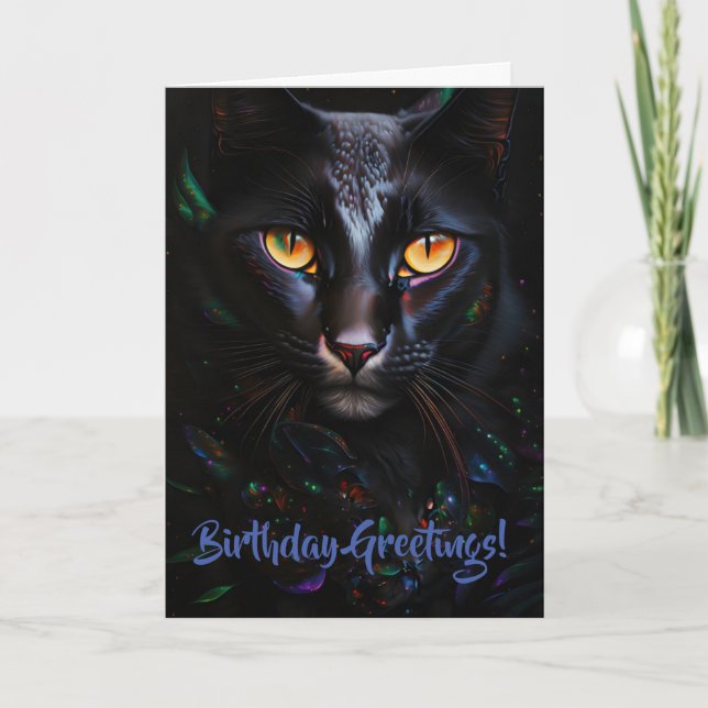 Serious Black Cat Whimsical Pun Birthday Card (Front)