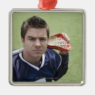 Serious lacrosse player metal tree decoration