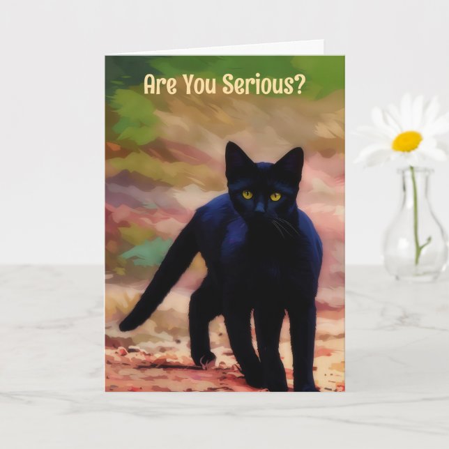 Serious Looking Black Cat Fun Pun Birthday Card (Small Plant)
