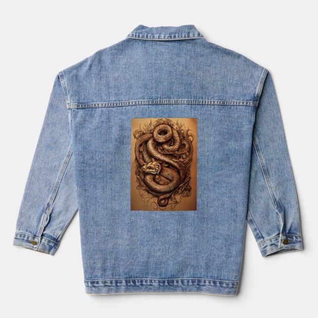 Serpent's Grace: Snake Design Tattoo Form Denim Jacket (Back)