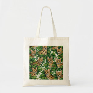 Serval Cat and Tropical Leaves Pattern Tote Bag
