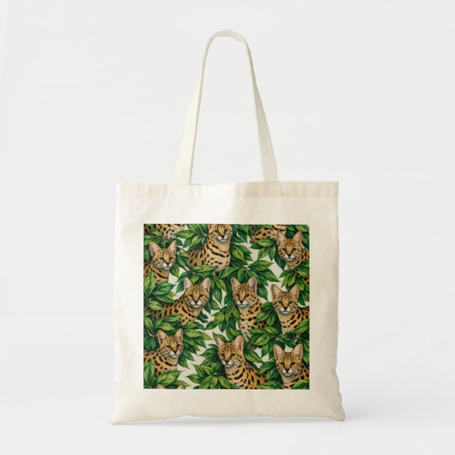 Serval Cat and Tropical Leaves Pattern Tote Bag (Front)