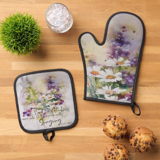 Serve the Lord with gladness floral  Oven Mitt & Pot Holder Set (Top Down)