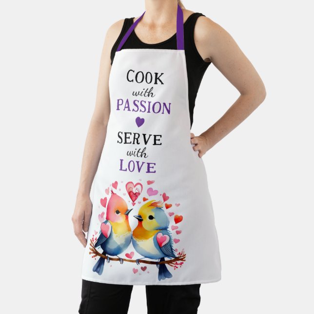Serve with love birds white purple apron (Insitu)