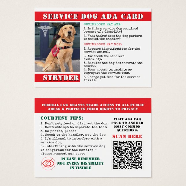 Service Dog ADA Law Cards Red Photo ID Badge (Front & Back)