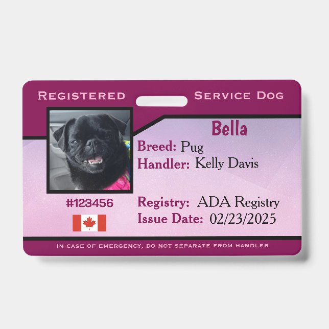 Service Dog Horizontal Purple ID Badge (Front)