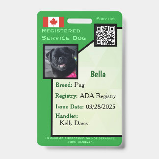 Service Dog ID Card green vertical  Badge