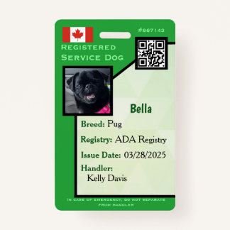 Service Dog ID Card green vertical Badge ID Badge