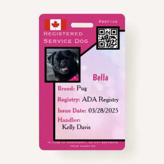 Service Dog ID Card pink vertical Badge ID Badge