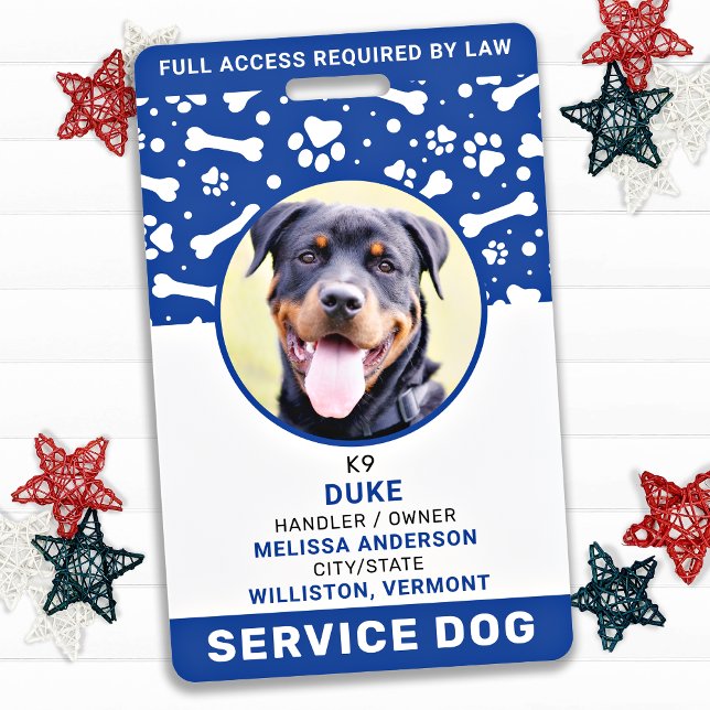 Service Dog Personalised Blue Paw Prints Photo ID Badge (Creator Uploaded)