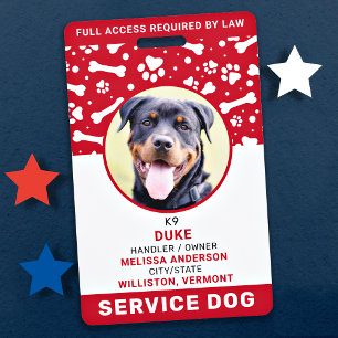 Service Dog Personalised Red Paw Prints Photo ID Badge