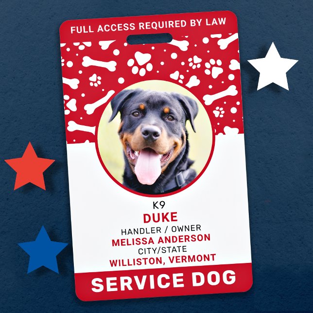 Service Dog Personalised Red Paw Prints Photo ID ID Badge (Creator Uploaded)