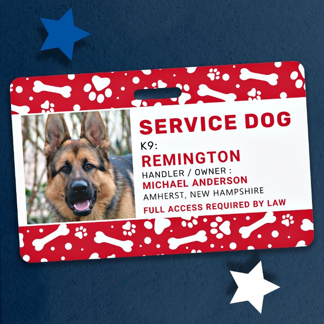Service Dog Red Paw Prints Personalised Photo ID Badge (Creator Uploaded)