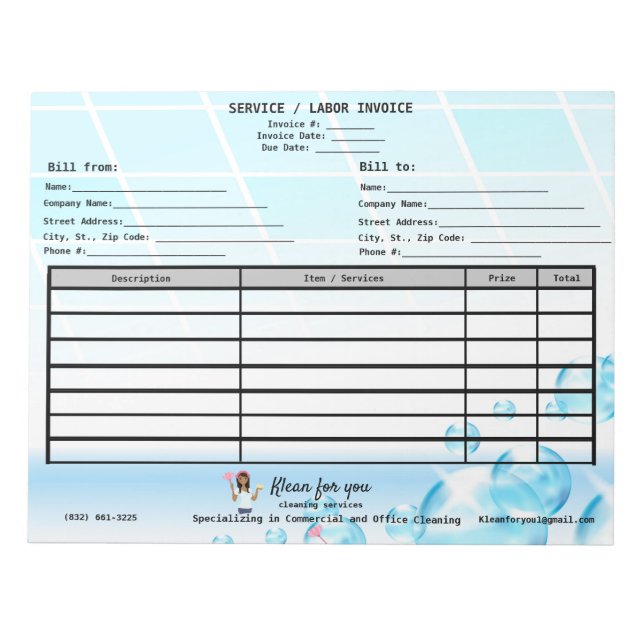 Service Labour Invoice Cleaning Services Notepad (Front)