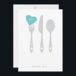 Serving Love Rehearsal Dinner Invitation<br><div class="desc">Celebrate your rehearsal dinner with this 'serving love' invitation. Silverware with aqua blue heart. Space to write more information on the backside.</div>