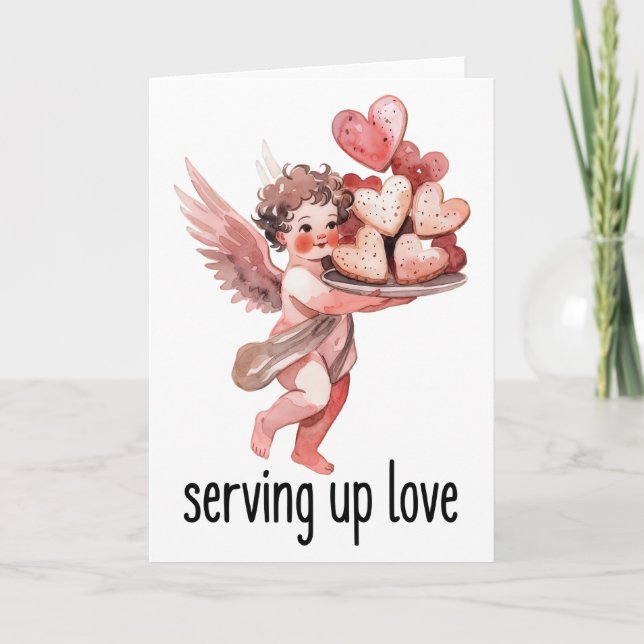 Serving Up Love Valentine Vintage Cherub Heart  Card (Front)