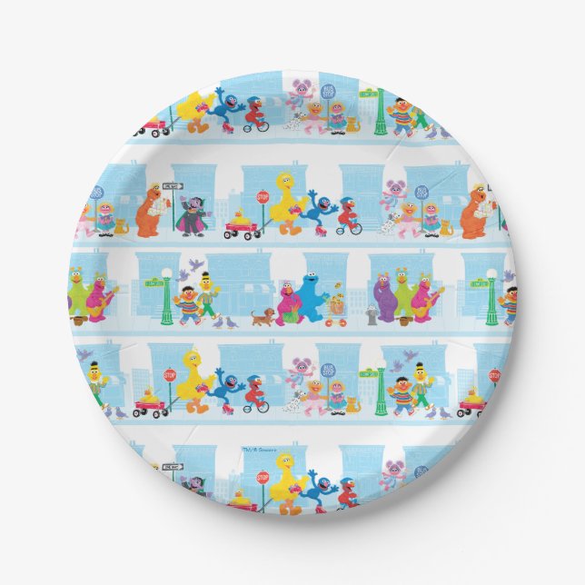 Sesame Pals Walking Along Sesame Street Pattern Paper Plate (Front)