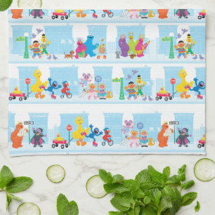 Sesame Pals Walking Along Sesame Street Pattern Tea Towel