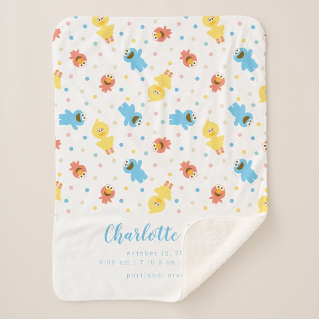 Sesame Pals White Polka Dot Birth Stats Sherpa Blanket (Front)