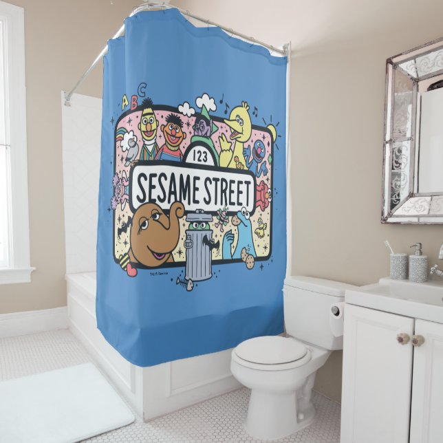 Sesame Sesame | Sesame Pals Doodle Sign Shower Curtain (In Situ)