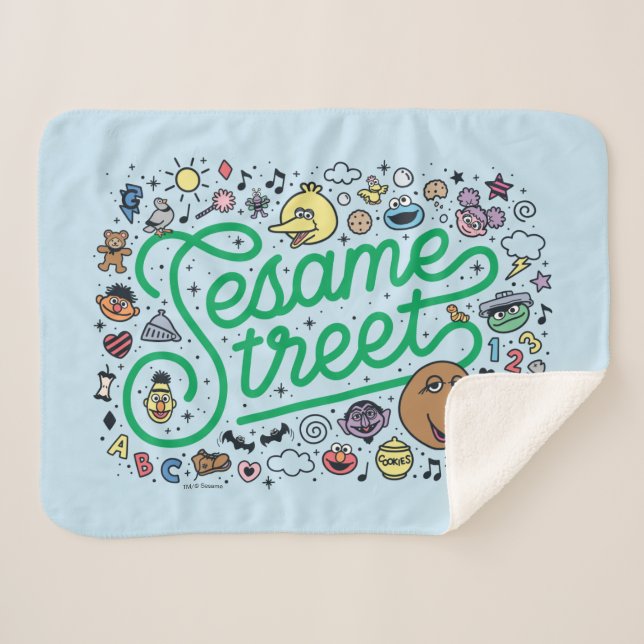 Sesame Sesame | Sesame Street Green Doodle Script Sherpa Blanket (Front (Horizontal))