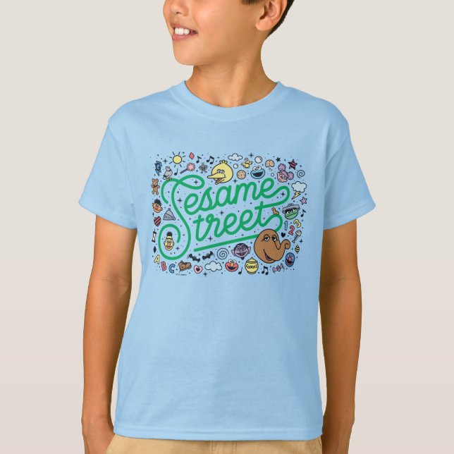 Sesame Sesame | Sesame Street Green Doodle Script T-Shirt (Front)