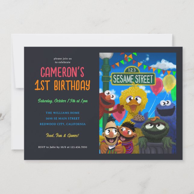 Sesame Street Character Birthday Illustration Invitation (Front)