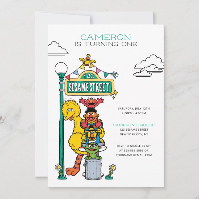 Sesame Street Characters & Street Sign Birthday Invitation (Front)