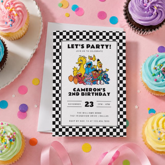 Sesame Street Chequerboard Birthday Invitation (Card simulated on table)