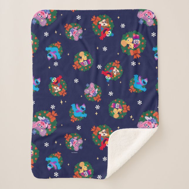 Sesame Street Christmas Wreath Pattern Sherpa Blanket (Front)