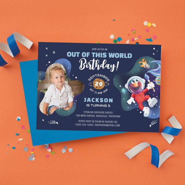 Sesame Street | Elmo - Outer Space Birthday Photo Invitation (Invitation on table)