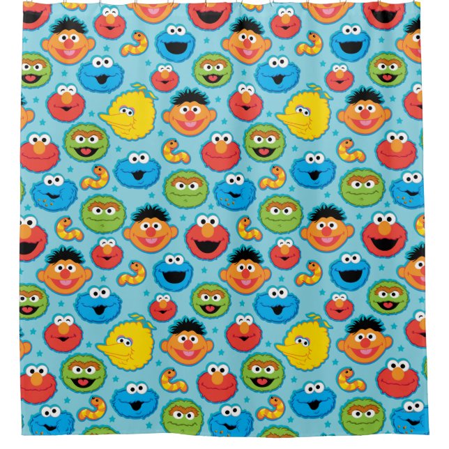 Sesame Street Faces Pattern on Blue Shower Curtain (Front)