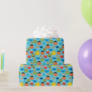 Sesame Street Faces Pattern on Blue Wrapping Paper