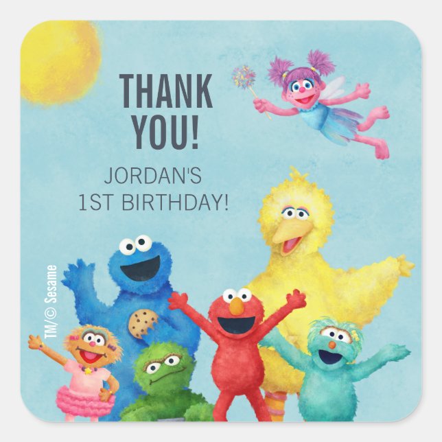 Sesame Street Illustration Birthday Thank You Square Sticker (Front)