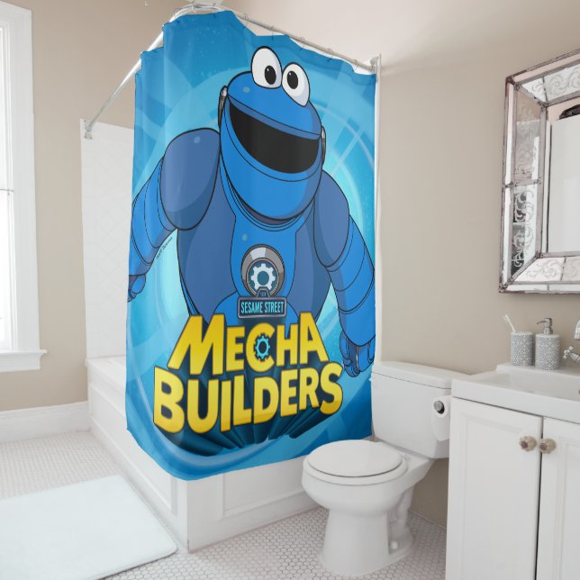 Sesame Street | Mecha Builders Cookie In Action Shower Curtain (In Situ)