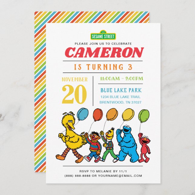 Sesame Street Pals | Balloons 3rd Birthday Invitation (Front/Back)