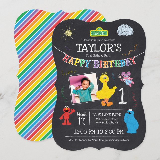 Sesame Street Pals Chalkboard Photo 1st Birthday Invitation (Front/Back)