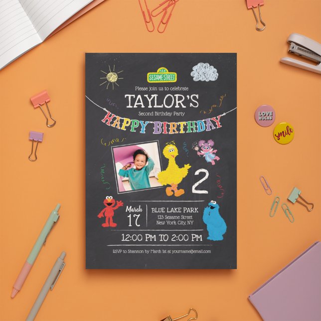 Sesame Street Pals Chalkboard Photo Birthday Invitation (Creator Uploaded)