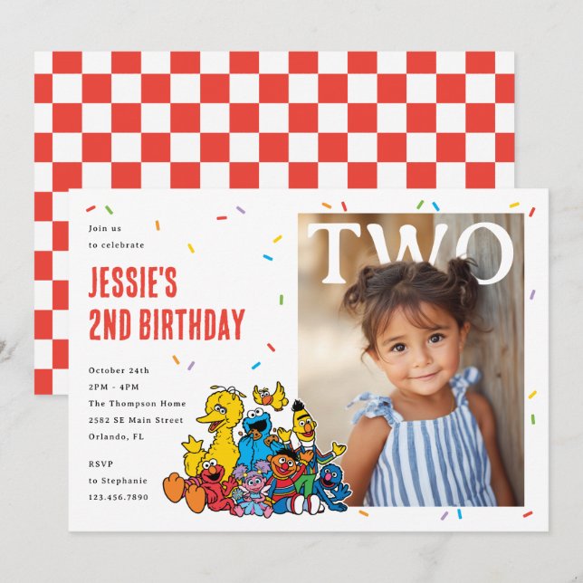 Sesame Street Red Confetti Second Birthday Invitation (Front/Back)