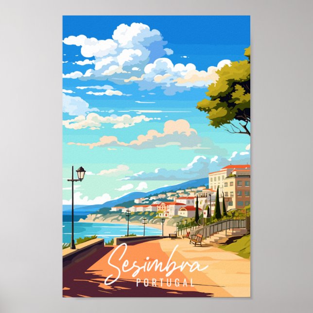 Sesimbra Portugal vintage travel illustration Poster (Front)