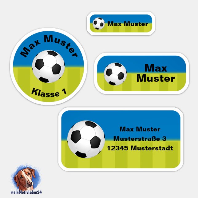 Set - 24 name labels football blue green | (Namensaufkleber Set für Kinder - Fußball blau grün - 24 teilig, personalisierbar )