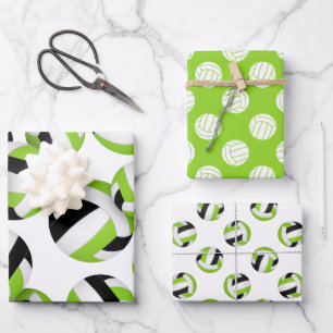 set 3 coordinating bright green black volleyballs wrapping paper sheet