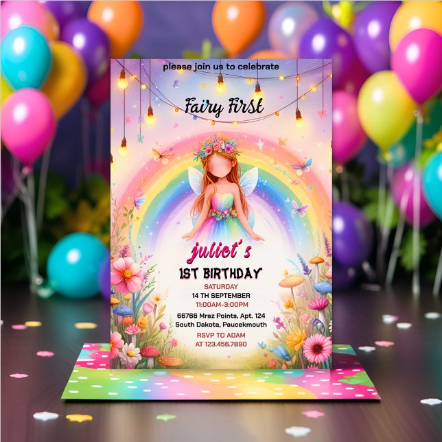 set cute Floral Pink girl fairy first 1st birthday Invitation (Creator Uploaded)