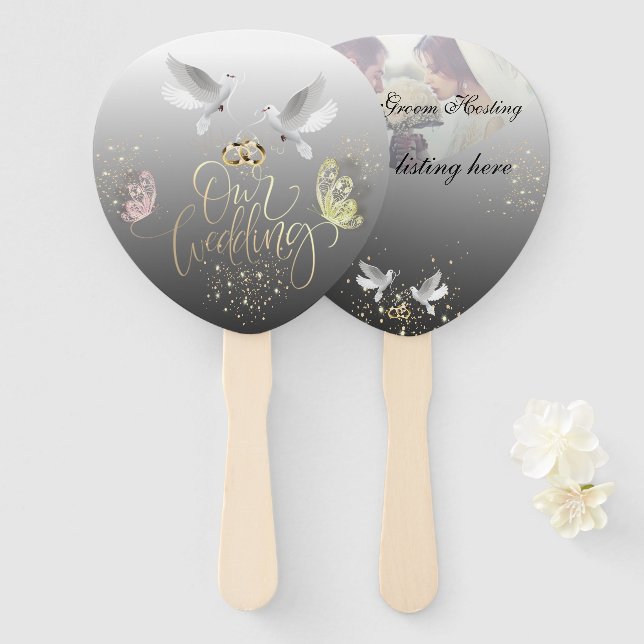 Set de abanicos palomas con mariposas hand fan (Front and Back)