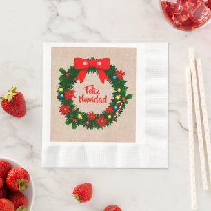 Set Feliz Navidad Merry Christmas Wreath Luncheon Napkin