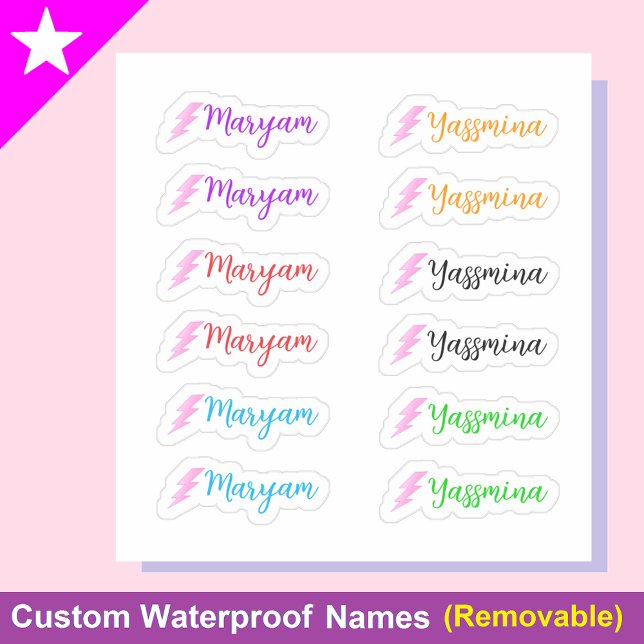 (Set of 12) Small & Colourful Whimsical Name Label (Whimsical labels for girls
Lightning bolt designs
Personalized name stickers)
